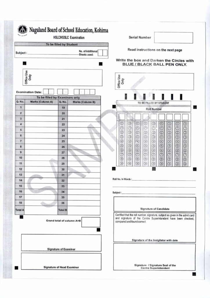 NBSE Sample OMR Sheet Students to Practice Before HSLC and HSSLC Exam